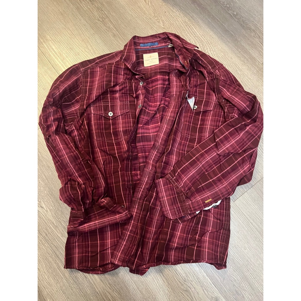 Tommy Bahama Jeans Mens Large Plaid Button Down Shirt Burgundy Tencel Cotton